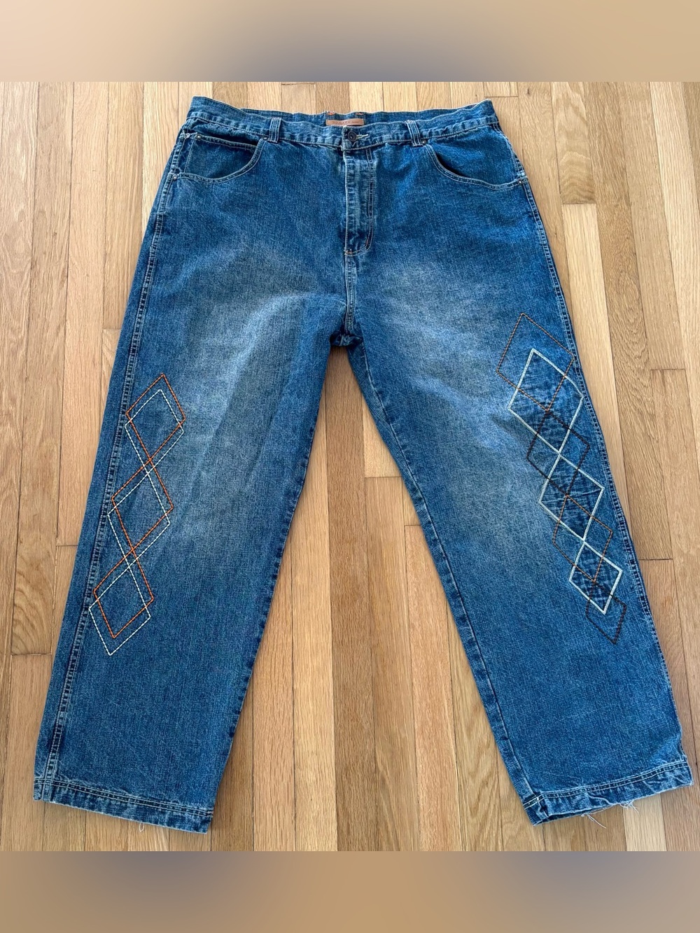 VTG PJ Mark Jeans Mens Baggy 42x32 Blue Embroidered Wide Leg Y2K Hip Hop Skater